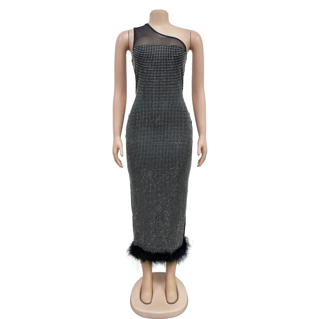 Mode Damen Kleid Eine Schulter Mesh Diamant Feder Bandage Kleider