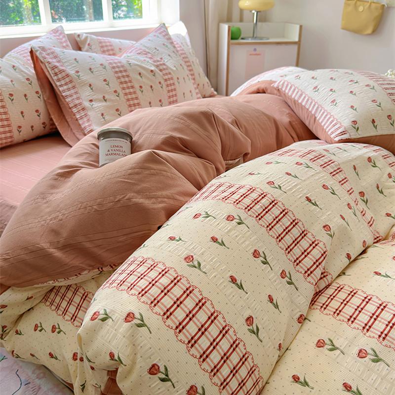 Floral Print French Style Bedding Set Bubble Cotton Duvet Cover Set Washed Cotton Flat Sheet Set Queen For Girl Decor Home