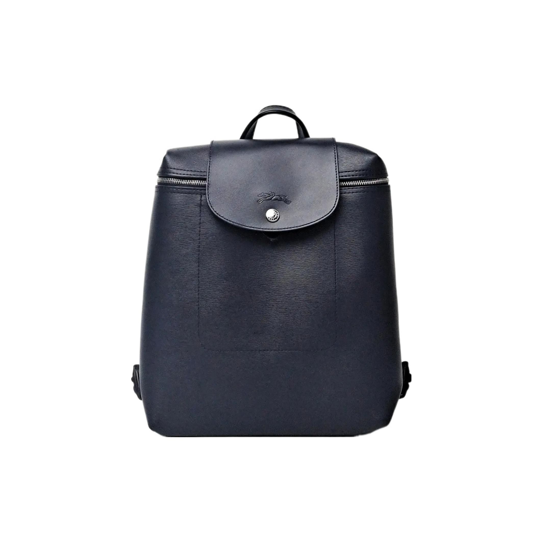 Longchamp Women's Blue Le Pliage City Embossed Logo Snap Flap Zipper Closure Coated Canvas With Leather Trim Backpack Unisex Backpack Navy- 1699Hyq556