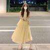 French new beautiful simple sleeveless dress waist thin first love gentle wind yellow vest skirt female summer