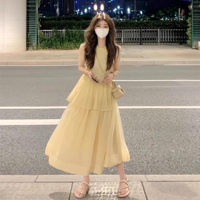 

French new beautiful simple sleeveless dress waist thin first love gentle wind yellow vest skirt female summer S жёлтый