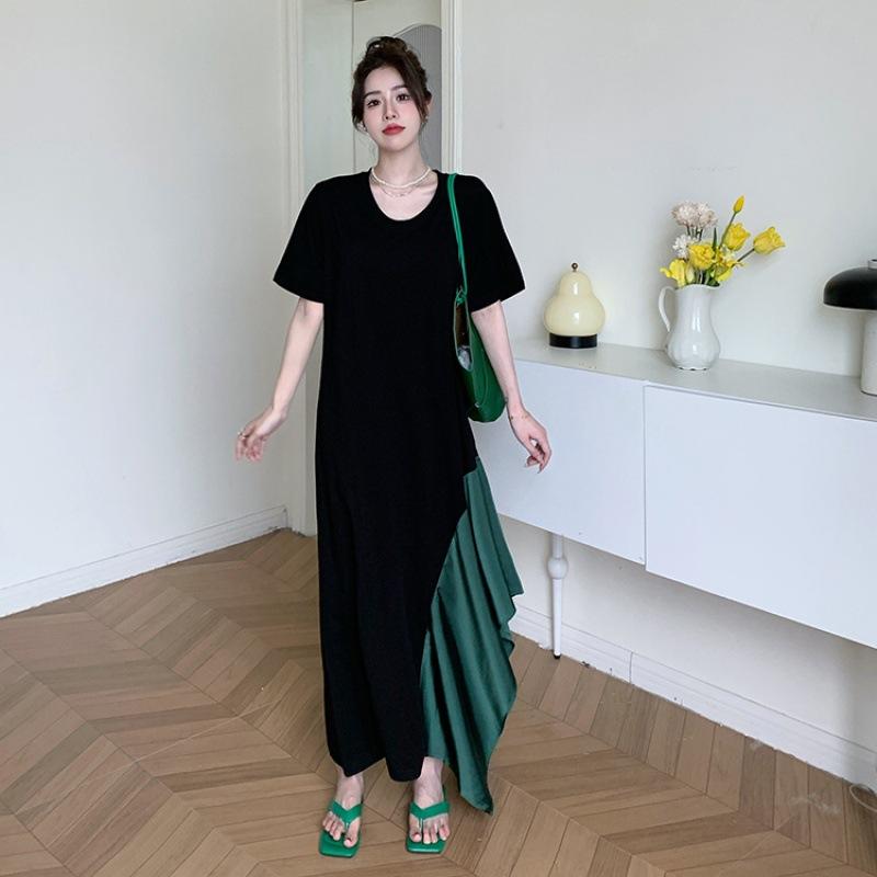 Summer Women's Dress Loose Plus Size Casual Patchwork Colour Irregular Hem U Neck Short Sleeve Dresses