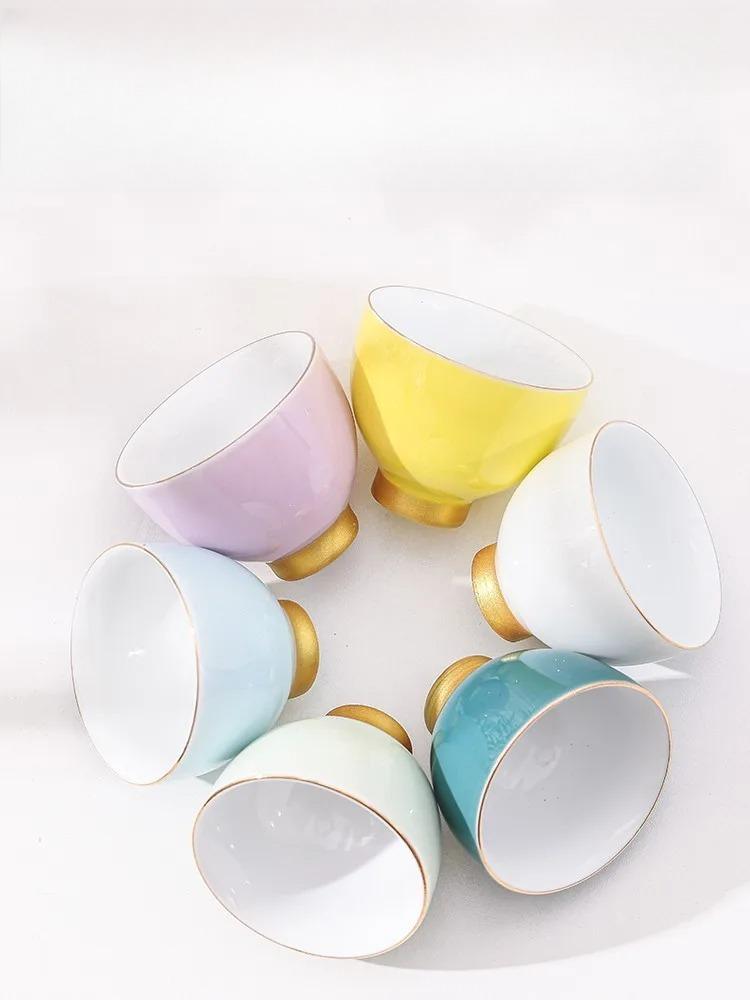 Rainbow Love Gongfu Tea Cup Set Ceramic Stemmed Cup with Gold Gilded Rim Personal Master Cup for Tea Ceremony Home Use Gift