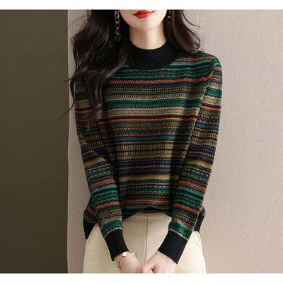 Retro Jacquard Pullover mit halbem Rollkragen Damen Herbst und Winter neu dick modisch gestreift locker gestricktes Unterhemd