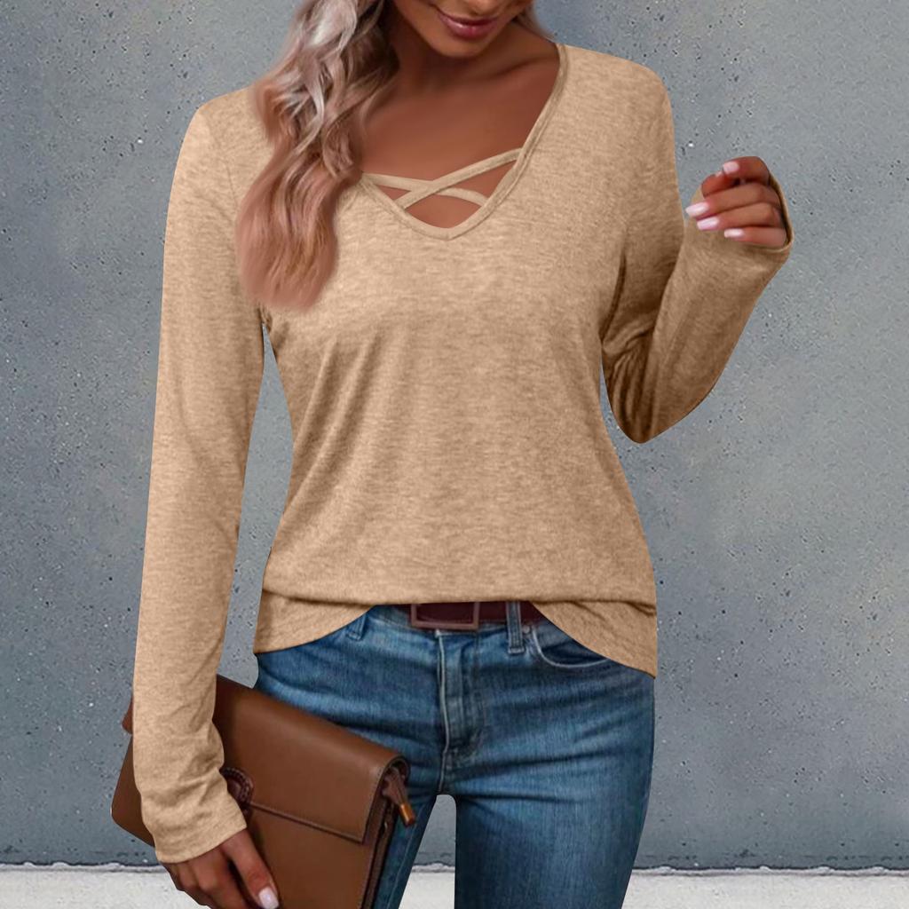Women's V-neck Solid Color Casual Loose Long Sleeve T-shirt Top