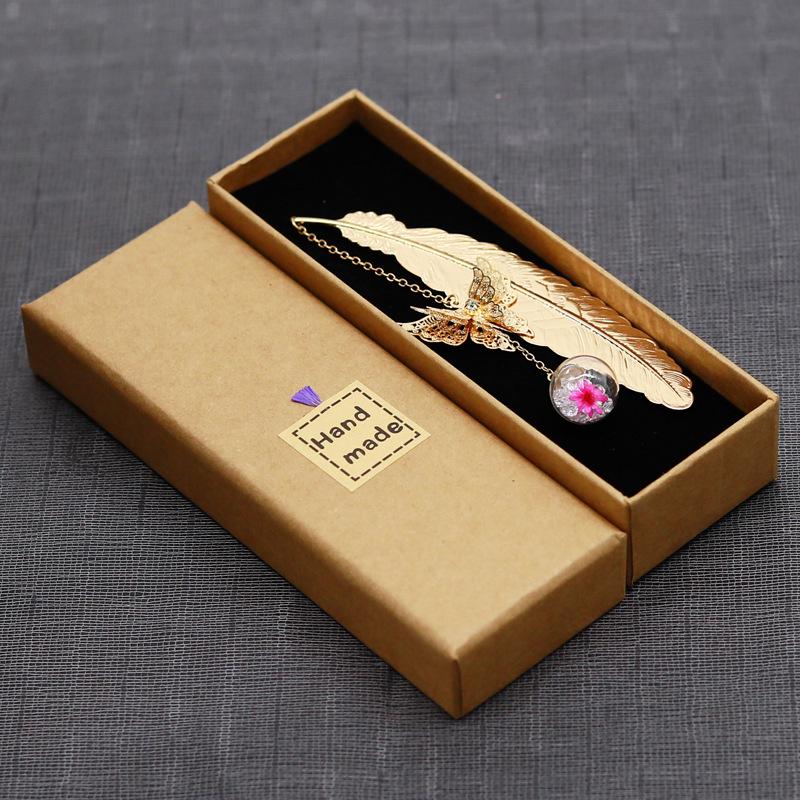 Classical Chinese Style Cicada Wing Metal Feather Bookmark with Leaf, Butterfly, and Dried Flower Accents