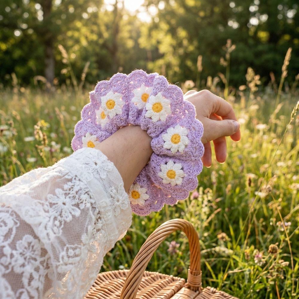 Süße Bohemian-Stil Häkelblumen Scrunchies Flores Elastisches Süßes Haargummi Gewebtes Buntes Strick-Haarseil Kopfschmuck