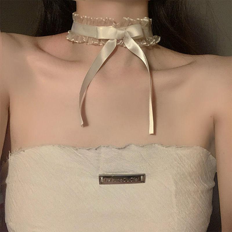 Delicate Lolita Fairy Choker Necklace with Ribbon Bow and Lace Design