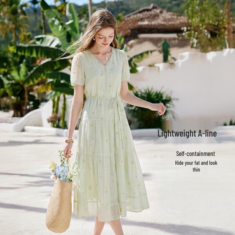 Women's French Floral Embroidered Puff Sleeve A-line Dress