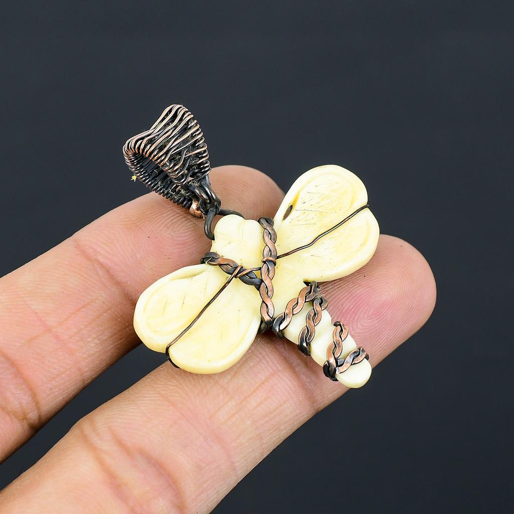 Honey Bee Bone Carving Handmade Copper Wire Wrap Pendant 1.97" A3v33