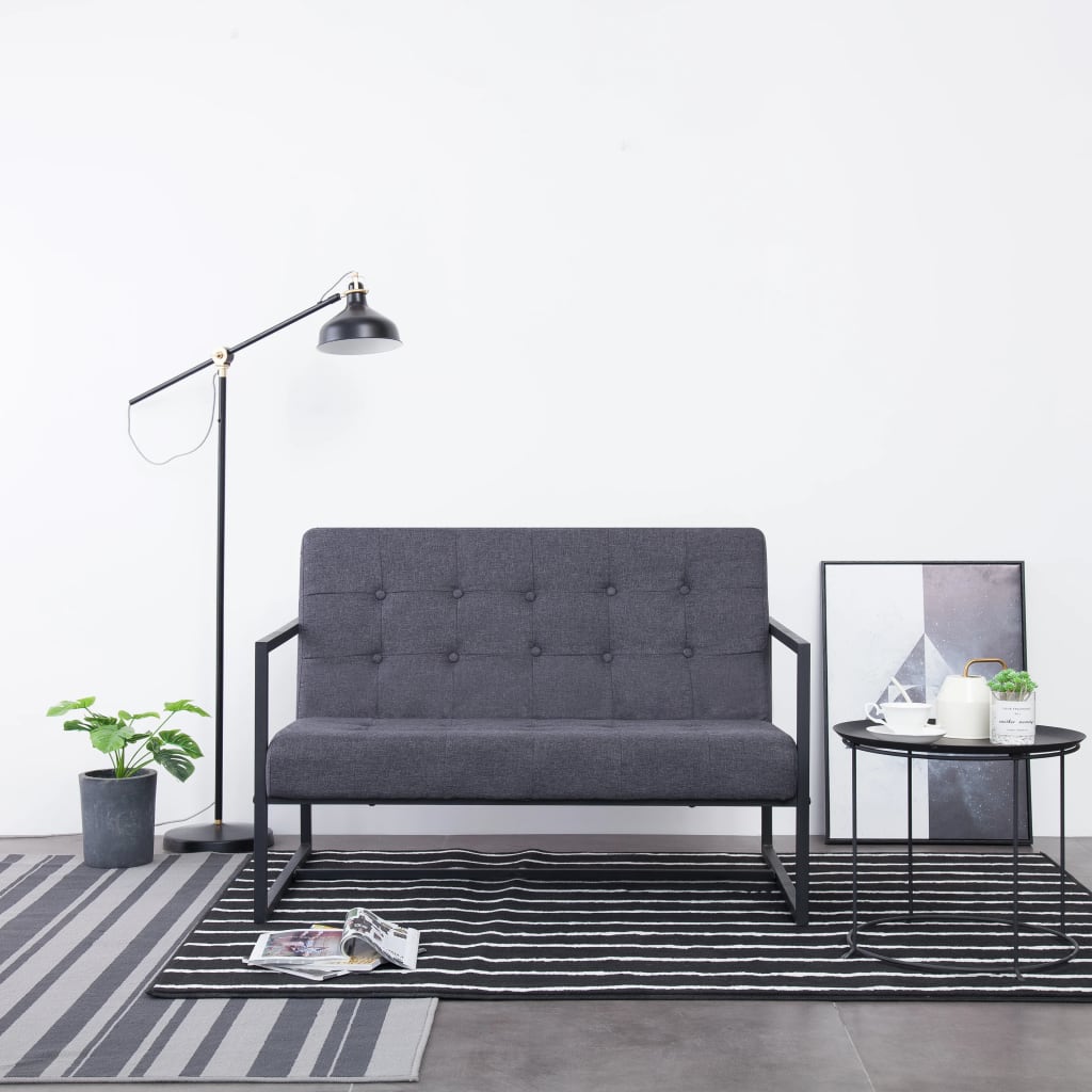 2 Seater Sofa with Armrests Dark Grey Steel Frame and Fabric Upholstery