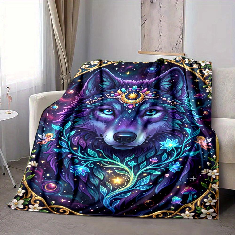 1Pc Wolf Spirit Fantasy Flannel Blanket, Soft And Comfortable, Casual Warm, Camping Travel, Christmas, Halloween Xmas Gift. G185