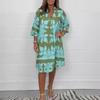 Fall New Women's V Neck Floral Print 3/4 Sleeve Midi Dress, Casual Floral Dress for Women European American Style
