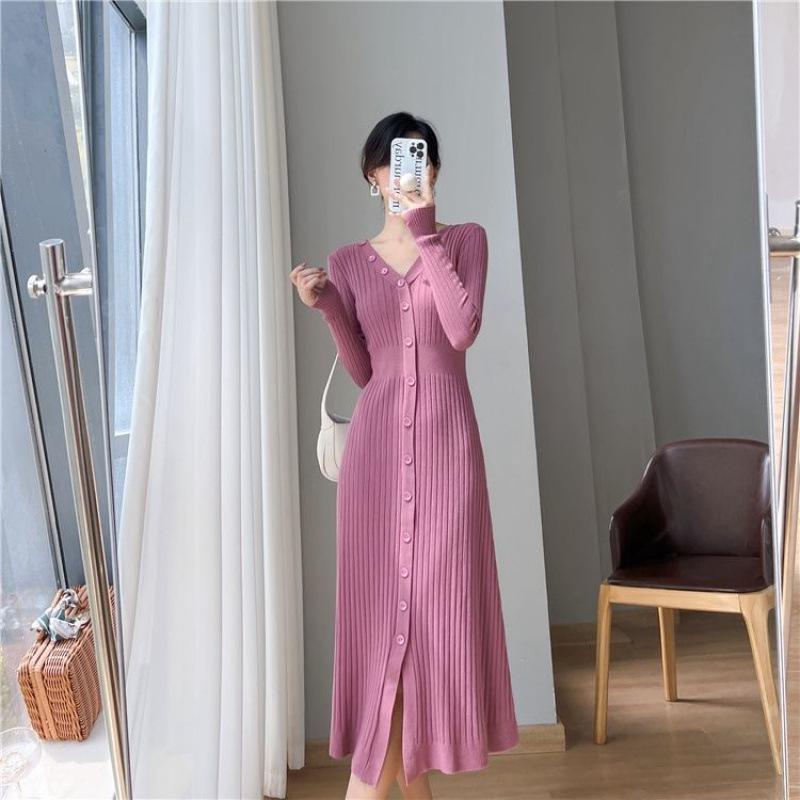 Women's French Style Long Knit Sweater Dress, Slim Fit, Single-Breasted, for Autumn and Winter