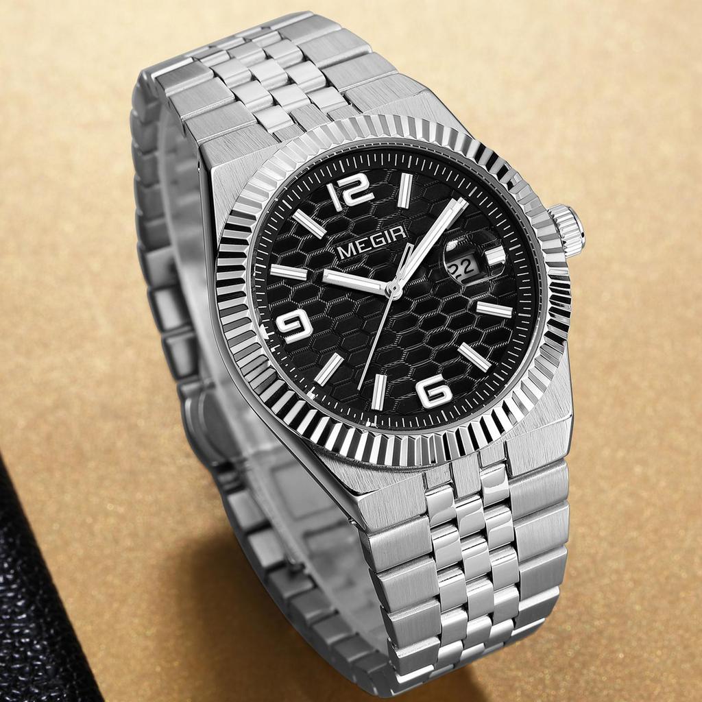 Megir Large Dial Business Leisure Watch Stainless Steel Waterproof Luminous Man Wristwatch Clock Auto Date Gift for Men Reloj Hombre 1101