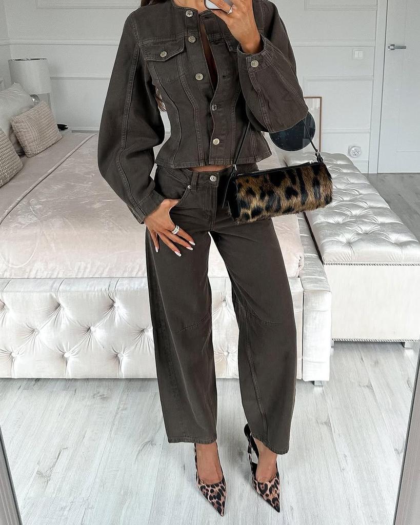 European & American Women's Retro Slim Single-Breasted Denim Set with Wide-Leg Pants - Trendy Fashion Style