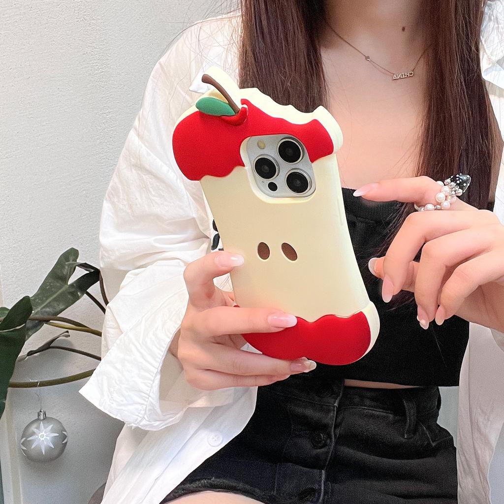 For iPhone 16 Pro Max Silicone Case Cute Eaten Apple Design Shockproof Phone Back Cover