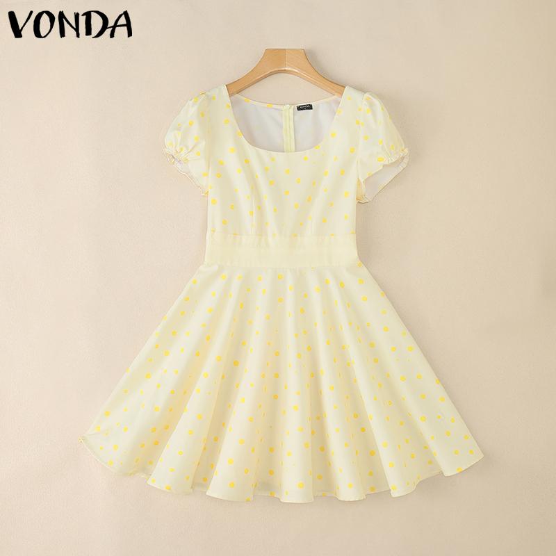 VONDA Women Square Collar Puff Sleeve Polka Dots Casual Pleated Dress