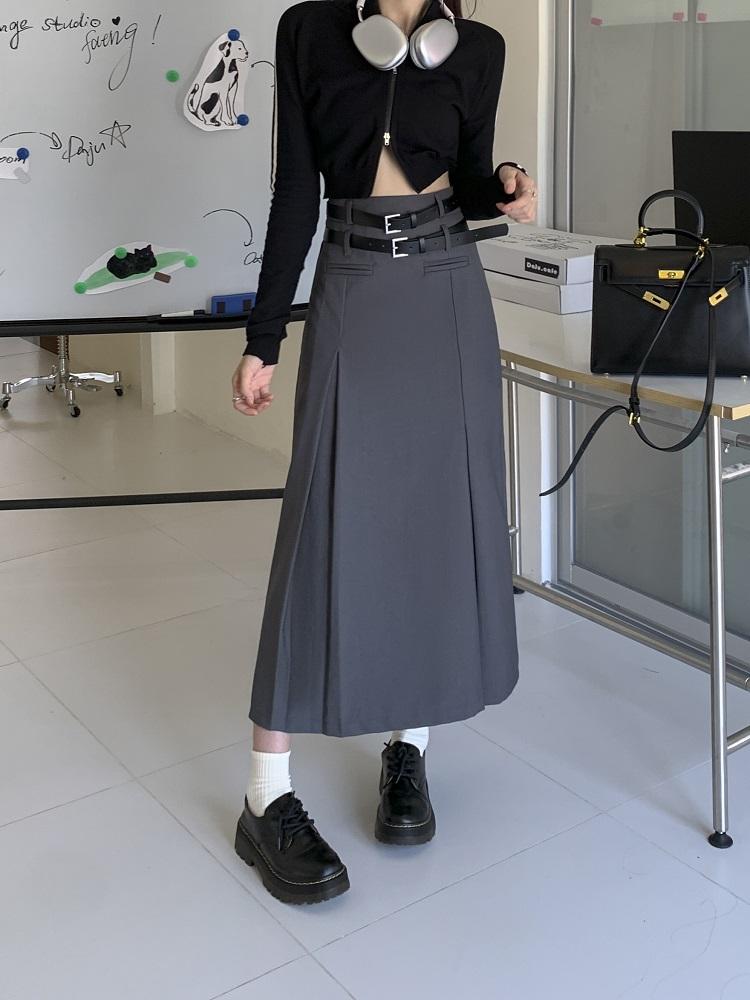 Vintage Belt Long Skirt Women Autumn 90s Aesthetic Streetwear Y2k High Waist Slim A-line Pleated Skirt Korean Style