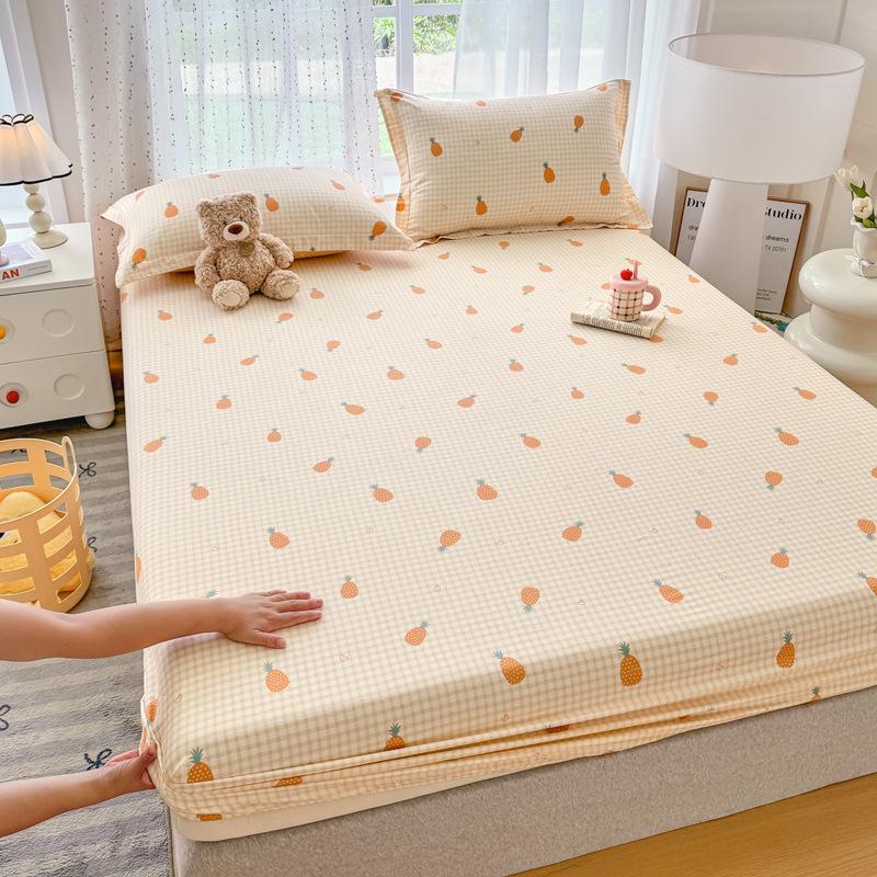 All-Season Dirt-Proof Pure Cotton Printed Fitted Sheet Set - Single, Mattress Protector & Bed Cover for Dorms One Pillowcase 48x74cm
