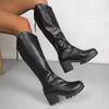 Women's Knee High Riding Boots, V-Cut Black Leather Booties, Chunky Heel Long Boots for Women