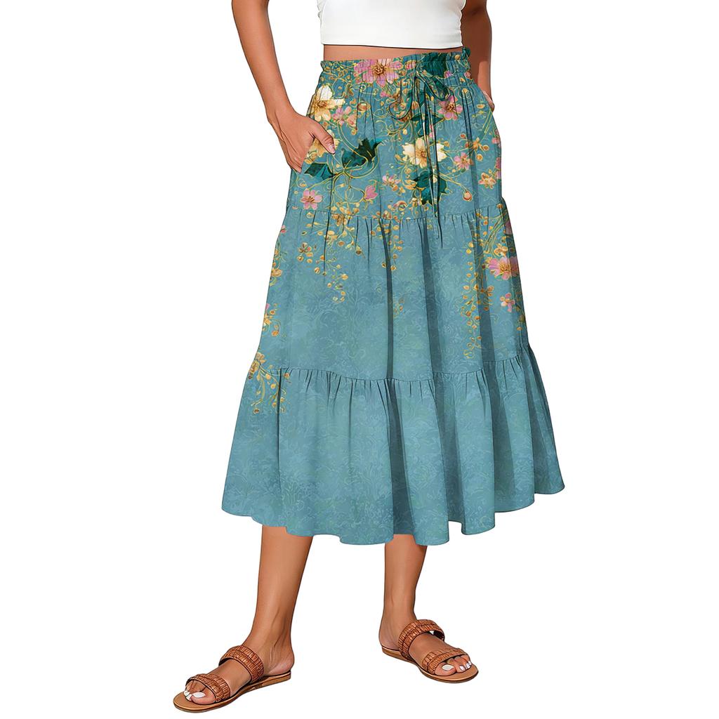 Womens Maxi Skirt Drawstring High Waisted Summer Long Skirts Lightweight Tiered Flowy Floral Pleated Skirts