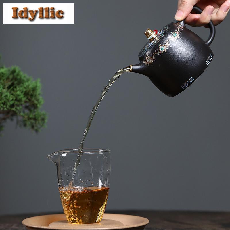 300ml Yixing Purple Clay Teapots Handmade Colour Enamels Pot Raw Ore Zhu Mud Reducing Roasting Kettle With Filter Zisha Tea Set