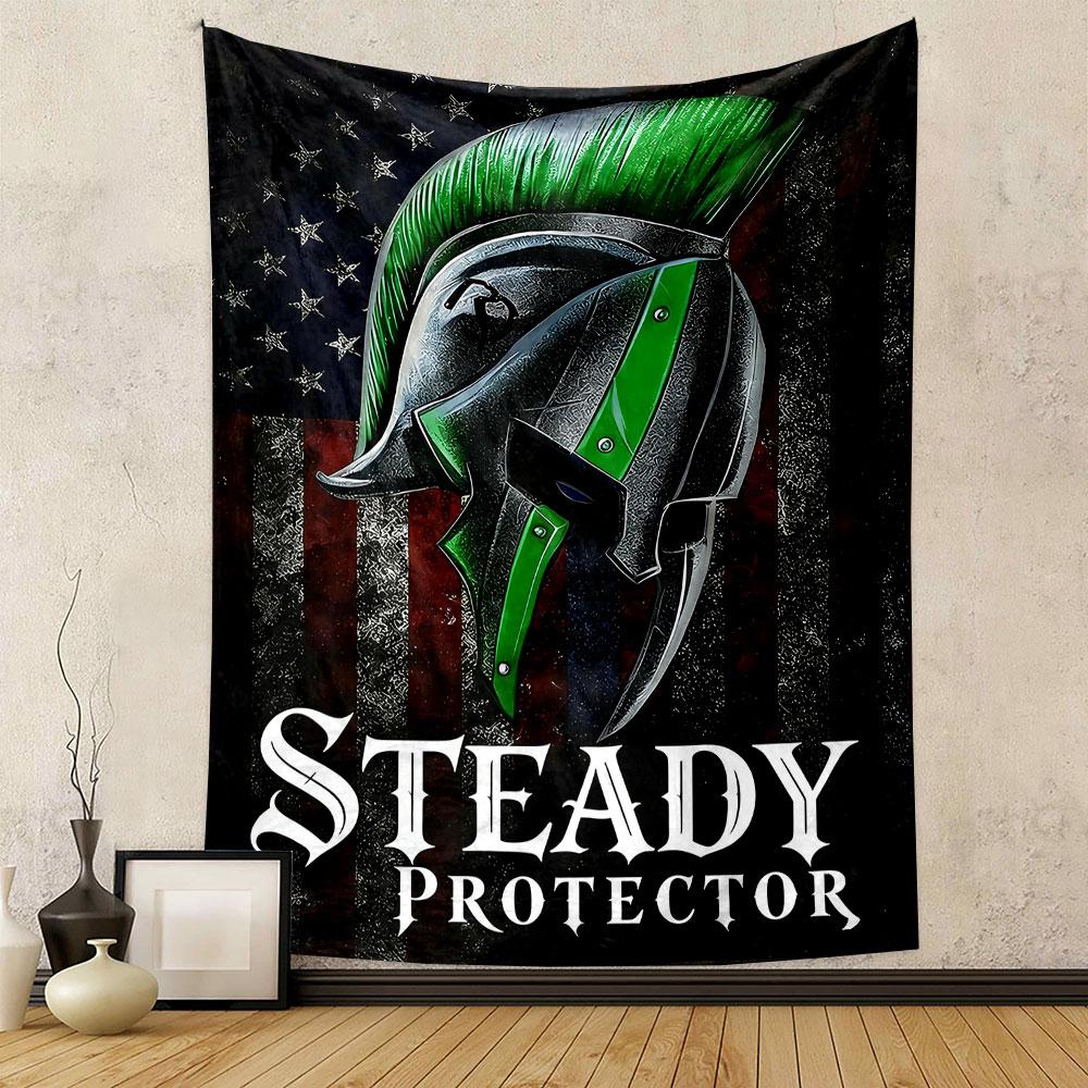 "Green Spartan Helmet with US Flag Design" Patterned tapestry home decor, suitable for bedroom and living room, gift