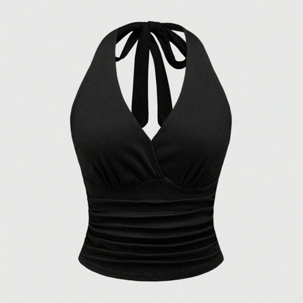 Women's Retro Backless Hanging Neck V-neck Solid Color Sleeveless Vest Top