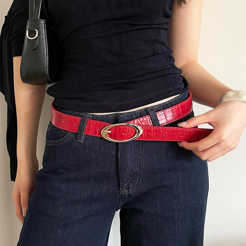 Bohemian Roter Pu-Leder-Taillengürtel Für Damen Mit Vintage-Krokodilmuster Für Kleider Oder Jeans