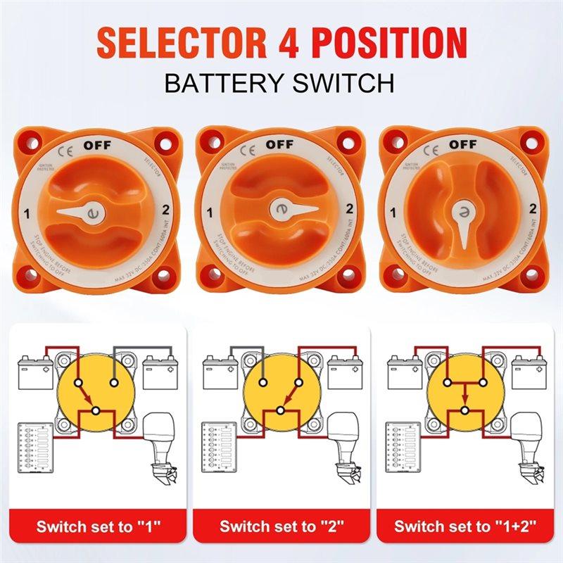 A58Z For Marine Boat RV Battery Disconnect Switch 32V AFD Selector 4 Position Terminal Stud M10 With Cable Lug& Heat Shrink