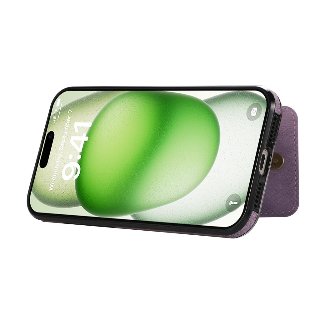 For iPhone 16 Case Card Holder Kickstand Leather+TPU Phone Cover with Shoulder Strap
