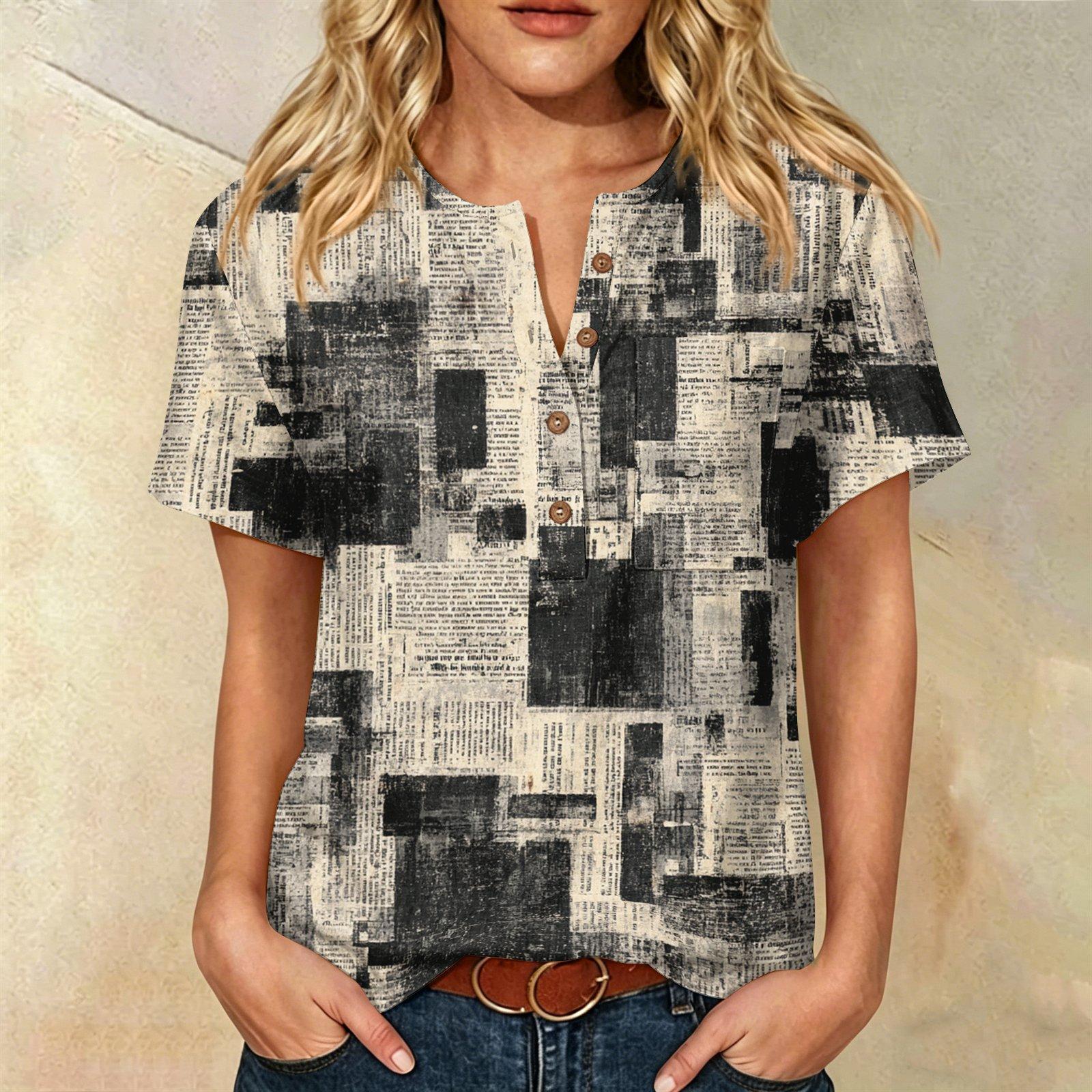 

Women’s Casual Abstract Print Henley Neck Short Sleeve Cotton Linen Shirt with Chest Pocket Loose Fit Blouse for Daily Wear XL чёрный