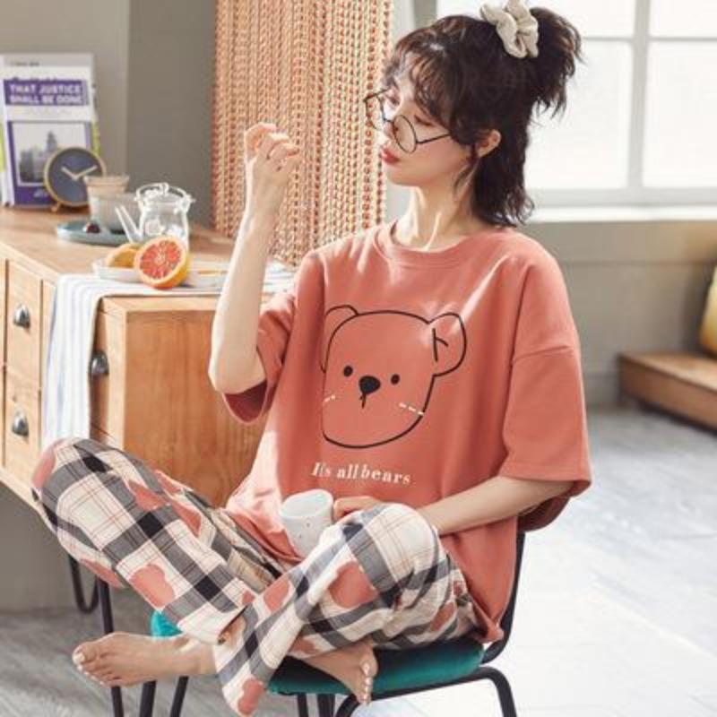 Pajamas women's short-sleeved trousers summer cartoon cute 2 new cartoon spring and summer loungewear suit can be worn outside