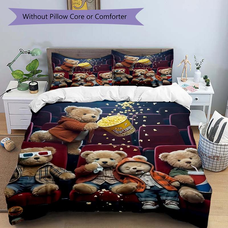 3pcs Anime Teddy Bear Popcorn Movie Night Bedding Set - Includes One Quilt Cover and Two Pillowcases (No Core) - Perfect for Bedroom and Gue