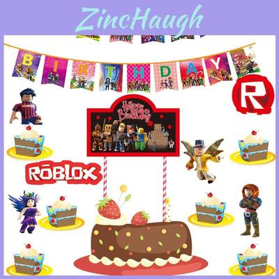 Żywe akcesoria imprezowe na urodziny w stylu Roblox dla dzieci z banerami i topperami na tort