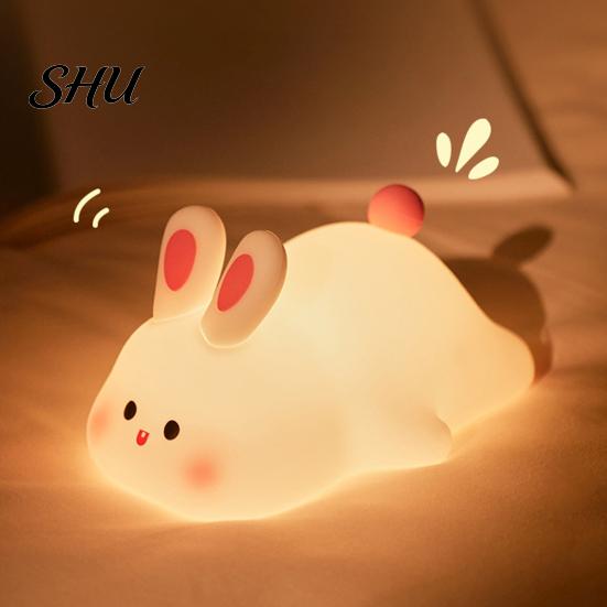 Kid Room Night Light Silicone Big Face Rabbit Tap USB Rechargeable Convenient Charging with Dimmable Timer Soft Eye-Protective LED for Sleeping