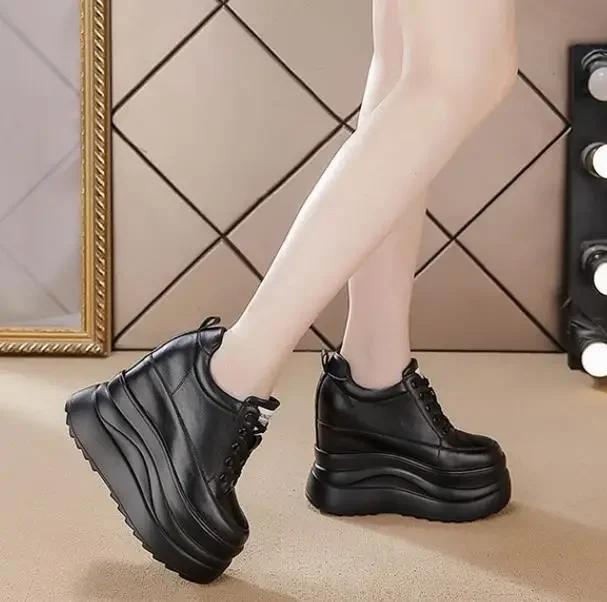 Top Quality 13cm Genuine Leather Platform Wedge Flats Shoes Chunky Sneaker Casual Comfy High Brand Spring Autumn Vulcanize Shoes