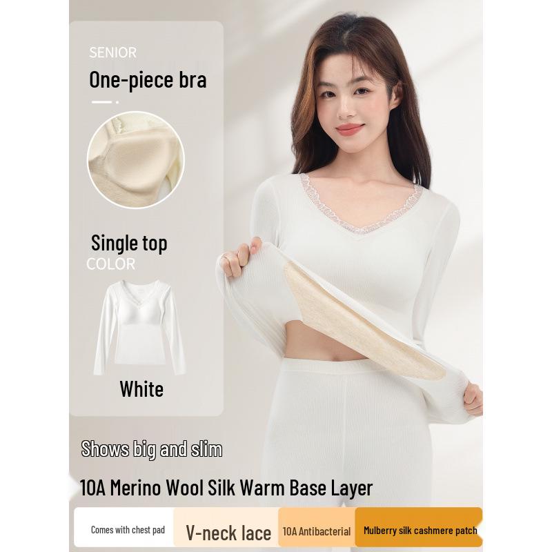 10A Antibacterial Women's Cashmere Silk Underwear Set with Chest Pads - Fleece-Lined, Autumn/Winter, Slimming Base Layer