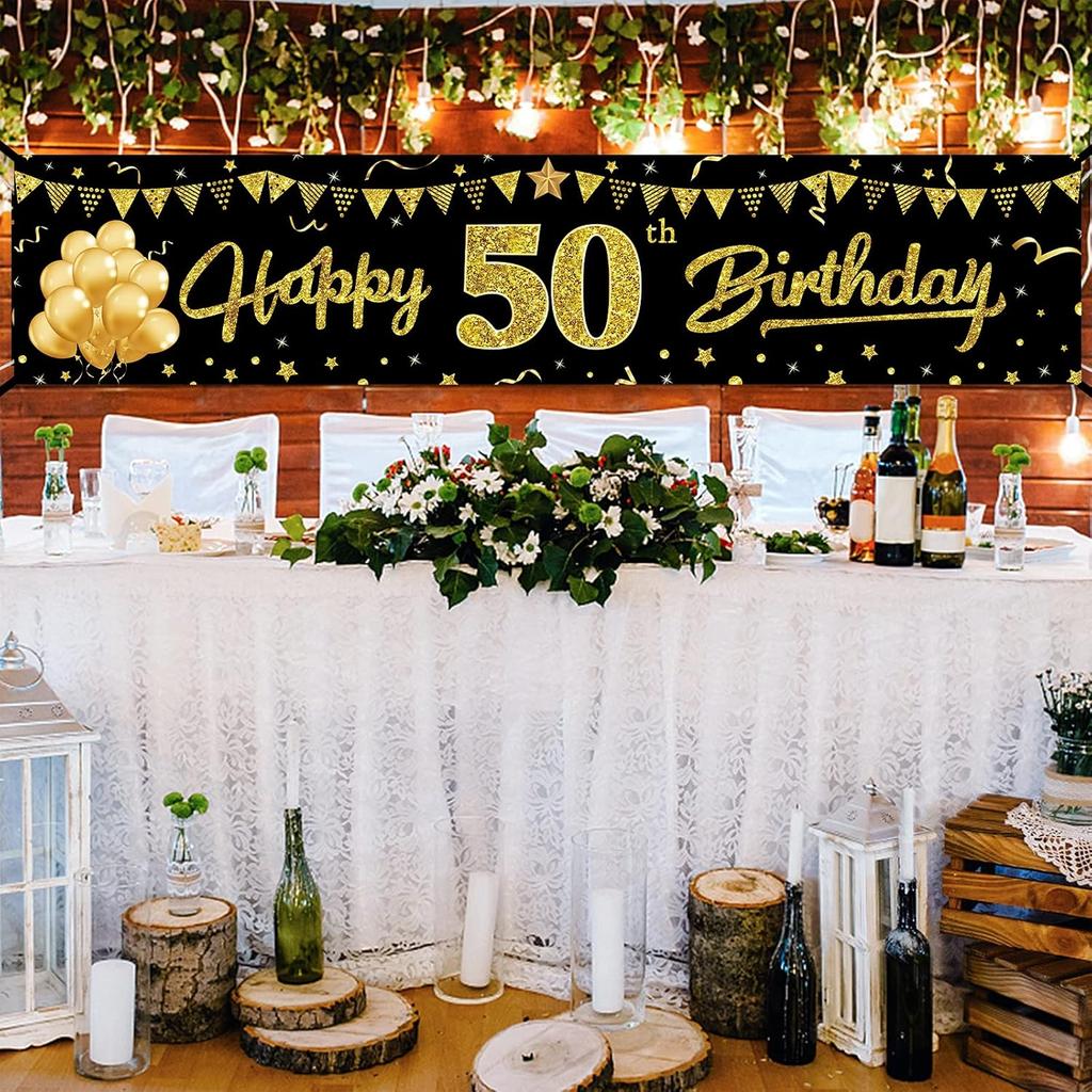 Happy 50th Birthday Banner Decorations, Black Gold 50 Birthday Sign Party Supplies for Men Women, Fifty Birthday Decor Photo Booth Props for Outdoor