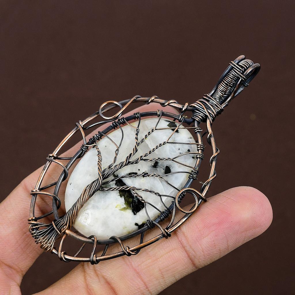 Rainbow Moonstone Copper Wire Wrap Tree Of Life Pendant 3.46" H8j04