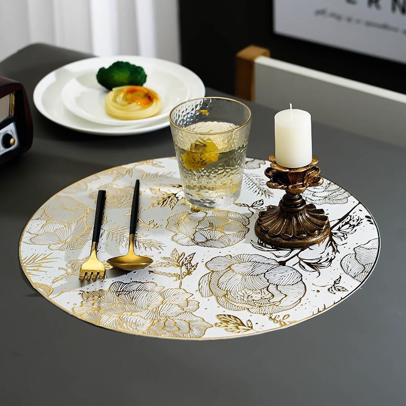 1Pc 38x38cm Round Gold Silver Flower Pattern Home Dinner Table Placemat Decoration PVC Insulation Cup Mat Wedding Party Decor
