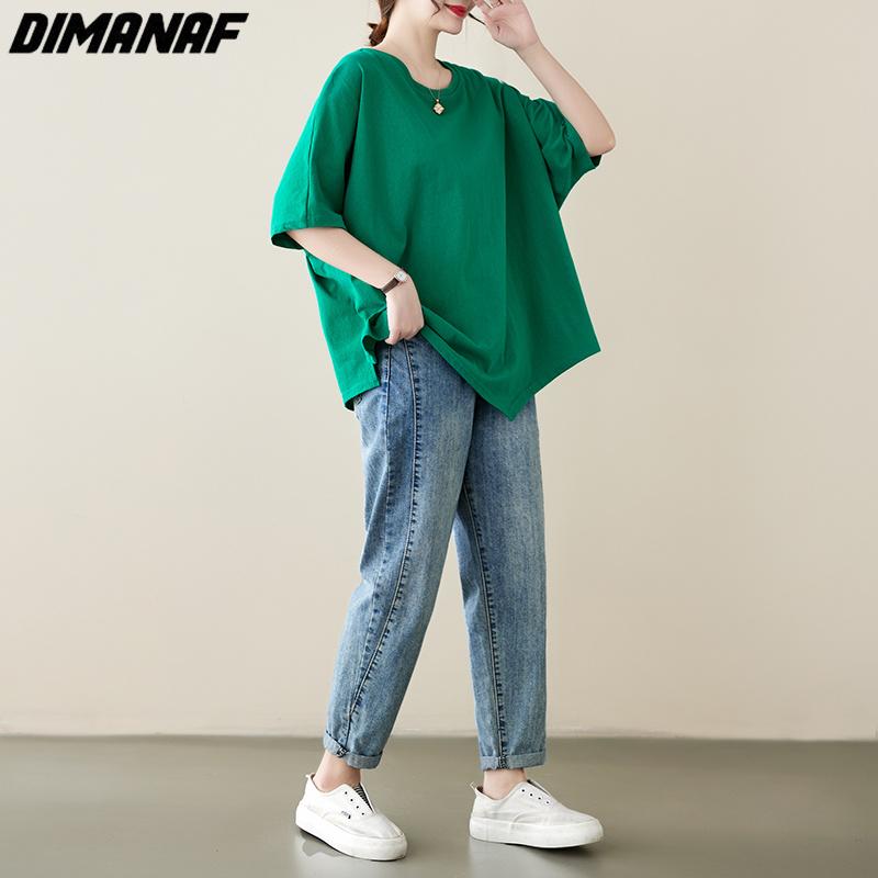 DIMANAF 2023 damska koszulka Plus Size Casual topy luźna solidna O-Neck letnia koszulka z krótkim rękawem moda zielona