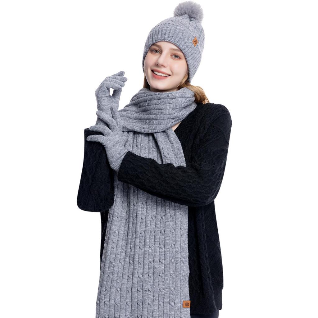 Women's Winter Knit Hat, Scarf, and Gloves Set - Double Layer Fleece Lined for Warmth