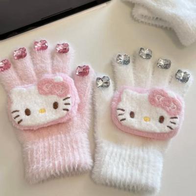 Girls Cartoon Kitty Gloves Cute Plush Cat Gloves Fuzzy Warm Gloves with Cat Head Rhinestones for Women Winter Daily Errands