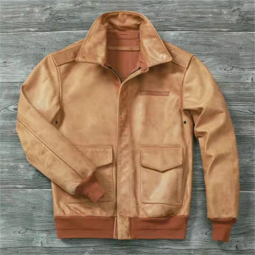 Čínská velikost Klasická letecká bunda A2 Pilotní bunda Vintage Špinavě žlutá Voskovaná hovězí kůže Bunda z pravé kůže Muži Letecké bundy Pánské kabáty