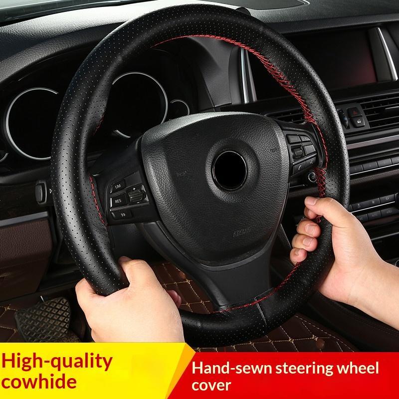 Hand Sewn Car Steering Wheel Breathable Anti Slip Universal Protective Cover Leather Suitable 38cm Elastic Band Texture Decor