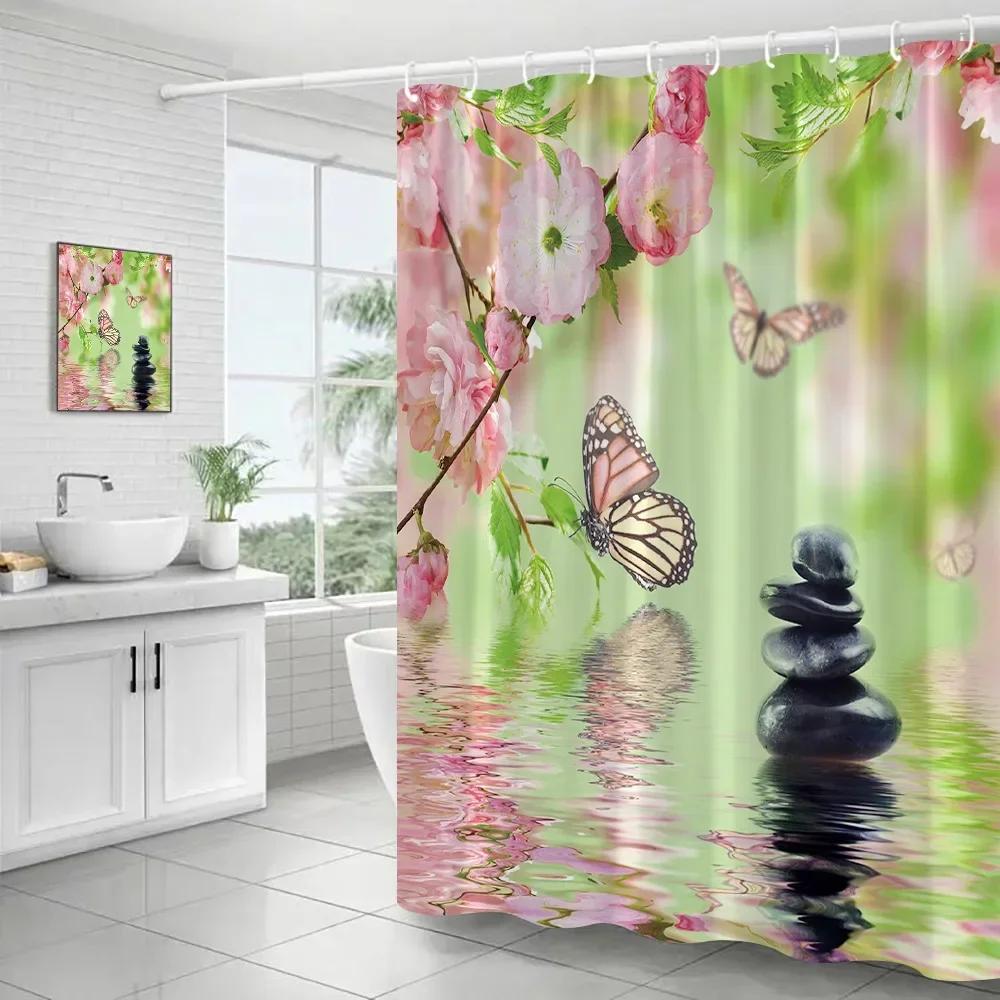 Pink Flowers Shower Curtains Butterfly Rose Zen Grey Stone Nature Scenery Polyester Fabric Bathroom Curtain Decor Set with Hooks