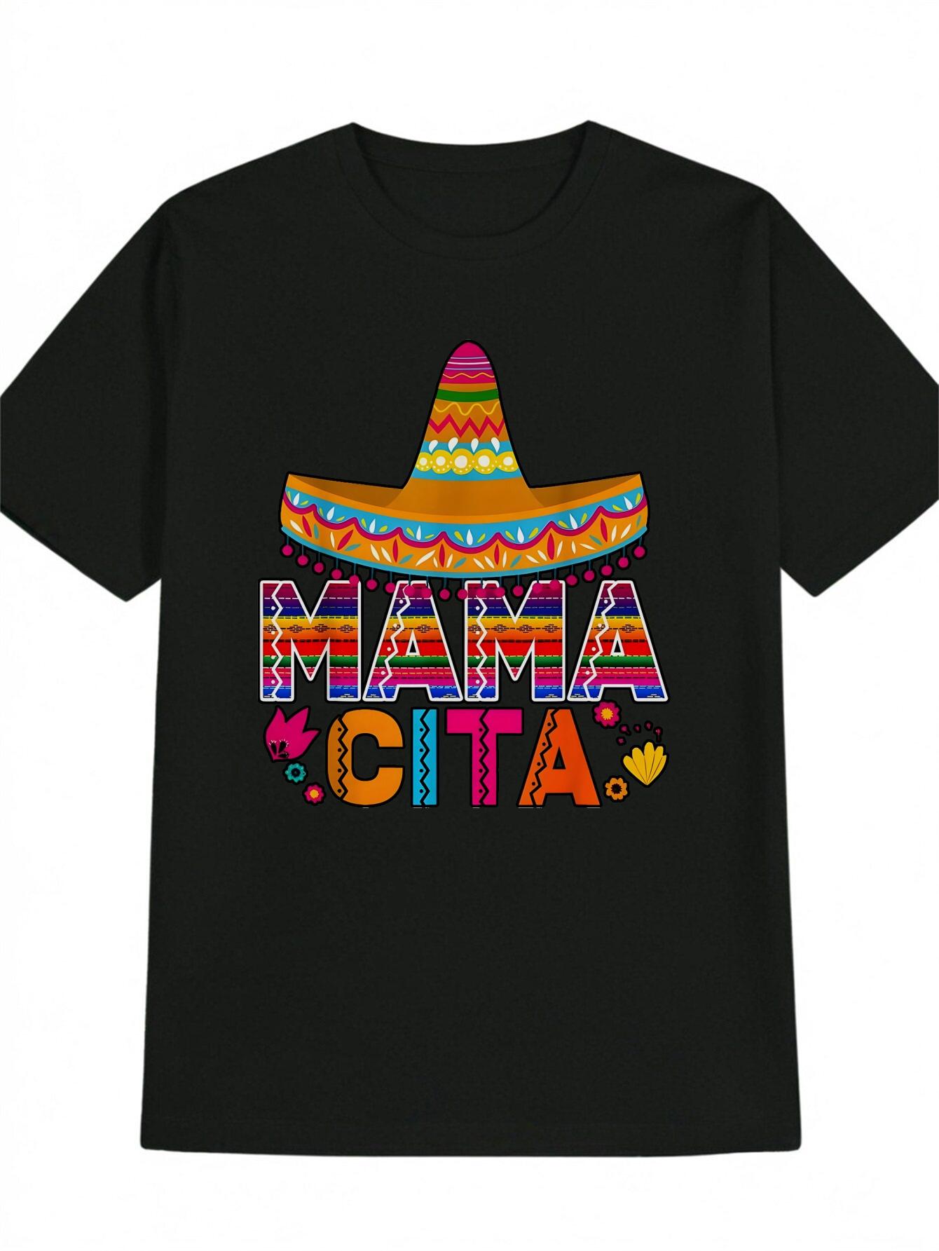 

Casual Short Sleeve T-shirt - Mexican Sombrero MAMA CITA Graphic Print XL