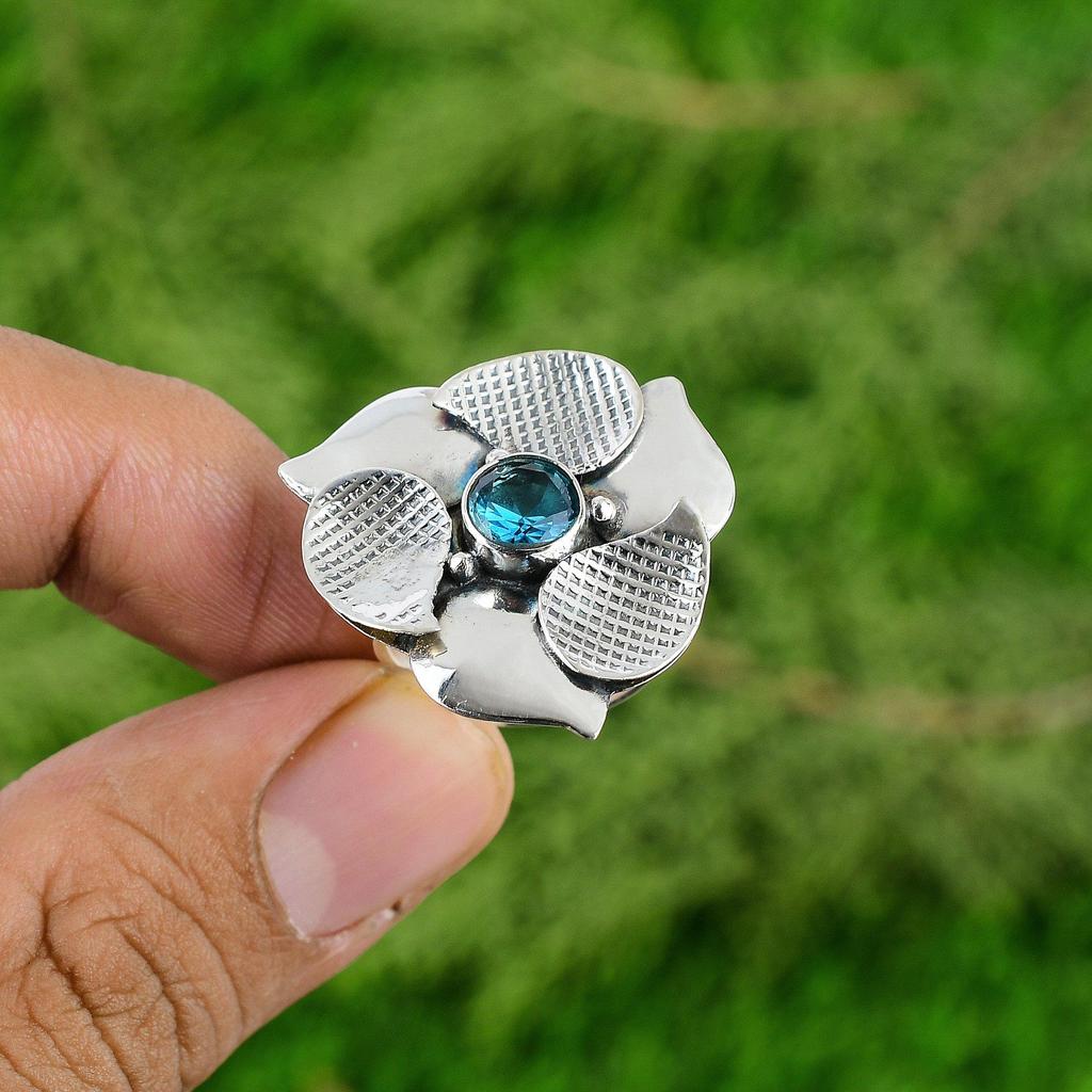 Natural Swiss Blue Topaz Multi Stone Flower Adjustable Ring 925 Silver